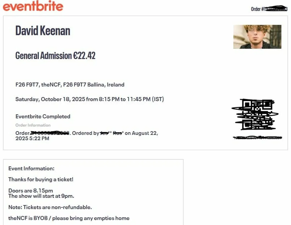 David Keenan ticket - Ballina - Sat. 18th Oct.