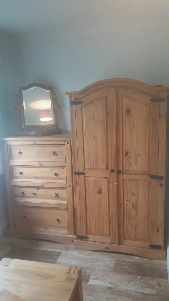 Solid pine wardrobe, chest of drawers and mirror