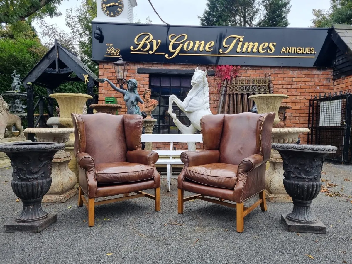 Matching  pair leather wing chairs - Image 3