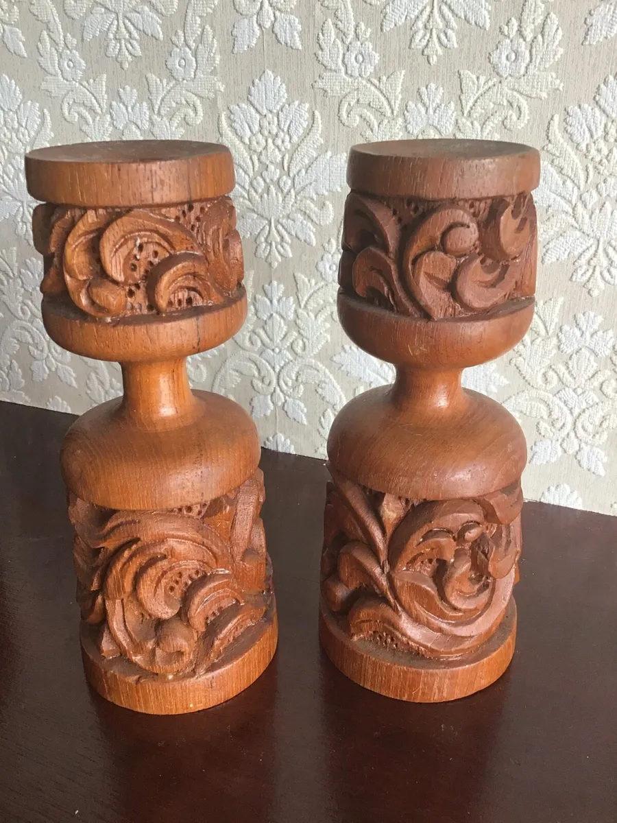 Ornate Carved Wooden Candle Holders - Image 1