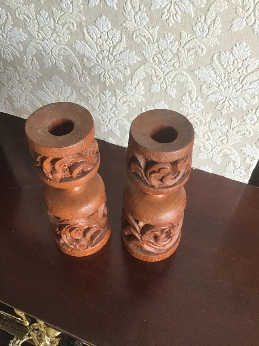 Ornate Carved Wooden Candle Holders - Image 2