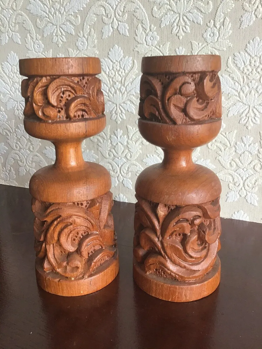 Ornate Carved Wooden Candle Holders - Image 3