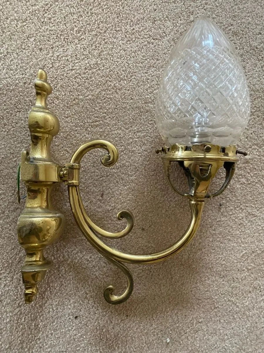 Pair solid brass and glass wall lights - Image 1