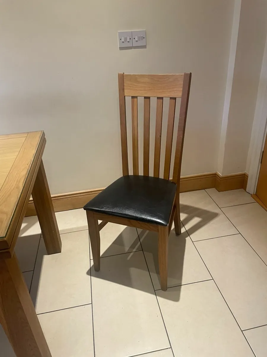 6 Solid Oak Dining Chairs with Brown Leather Seats - Image 1