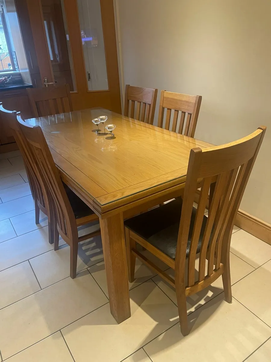 6 Solid Oak Dining Chairs with Brown Leather Seats - Image 2