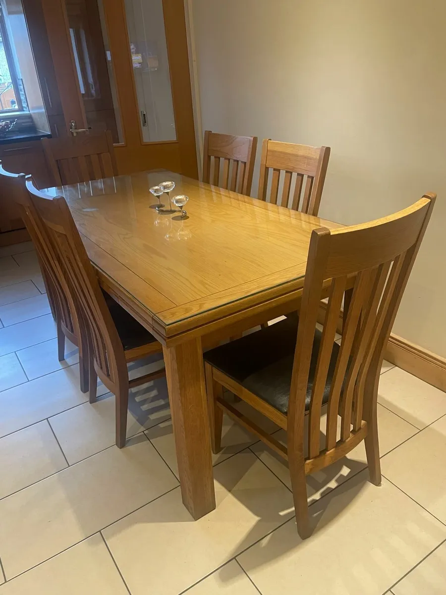 6 Solid Oak Dining Chairs with Brown Leather Seats - Image 3