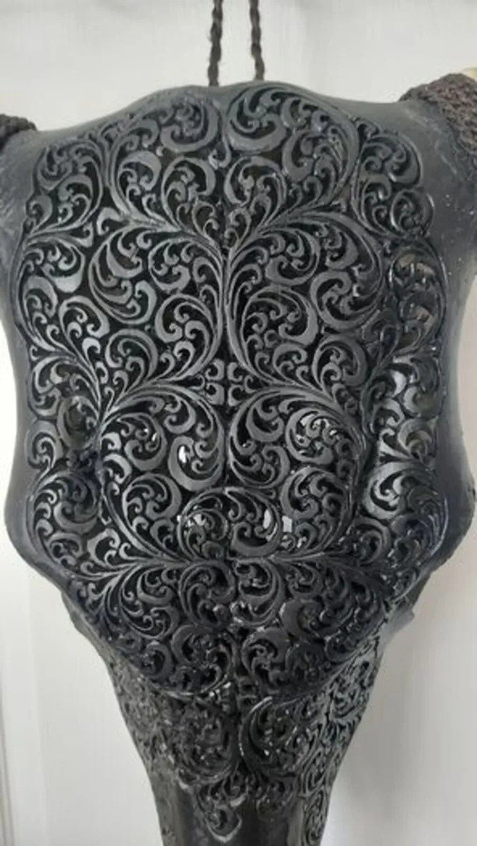 Carved Black Bull Skull - Image 3