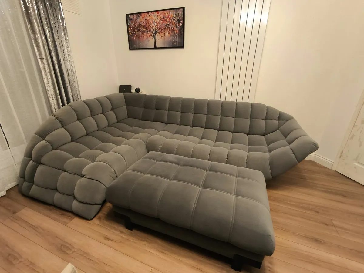 Modern Grey Corner Sofa & Matching Ottoman - Image 1