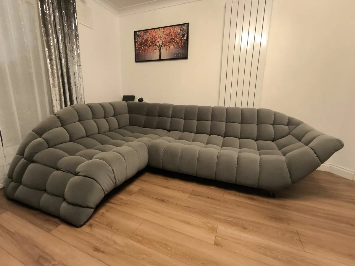 Modern Grey Corner Sofa & Matching Ottoman - Image 2