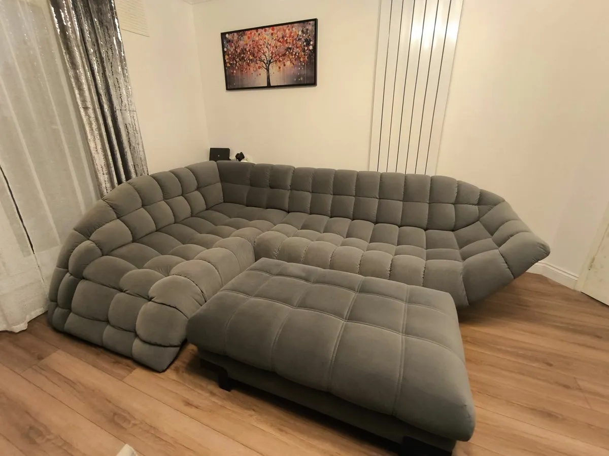 Modern Grey Corner Sofa & Matching Ottoman - Image 3