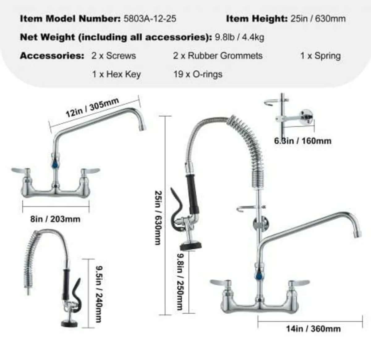 Commercial Faucet with Pre-Rinse Sprayer, 25" (63. - Image 3