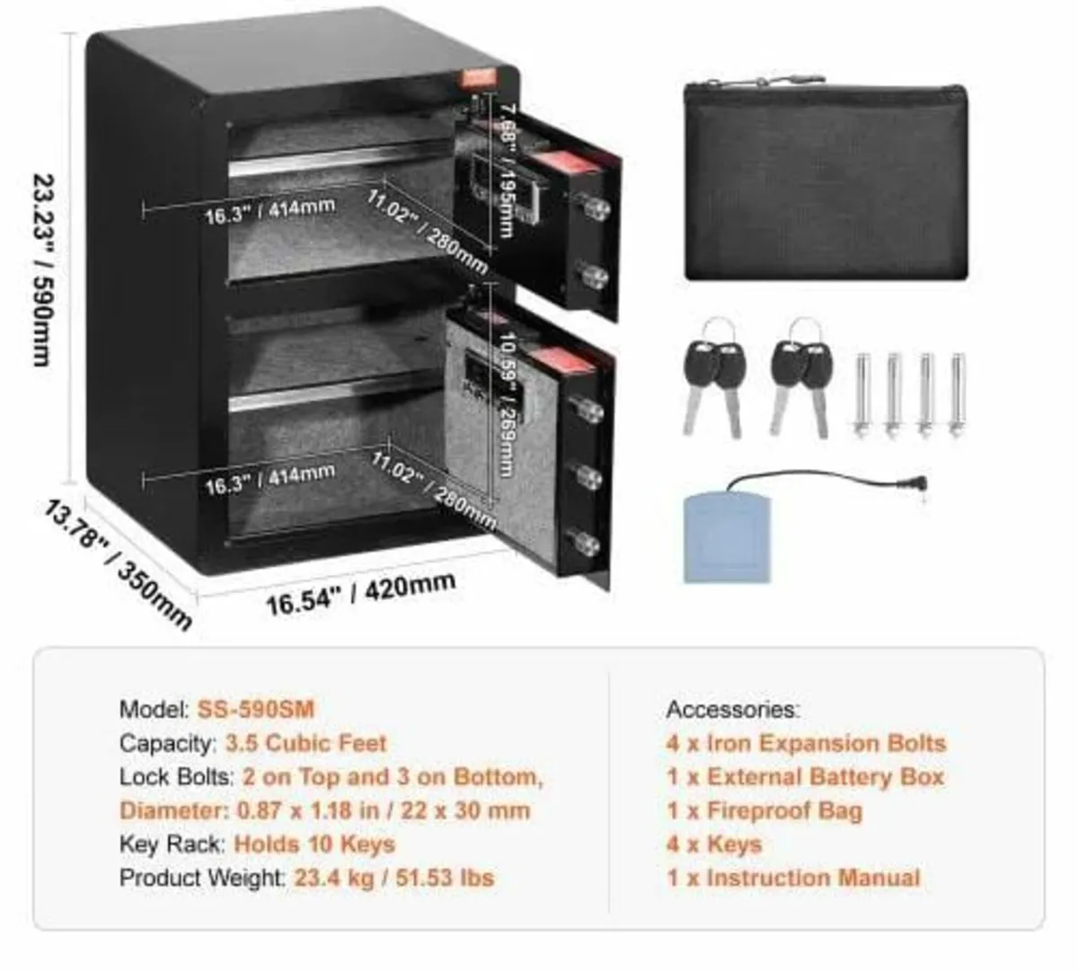Double Doors 3.5 cu.ft Safe Box with Key Lock & Pa - Image 2