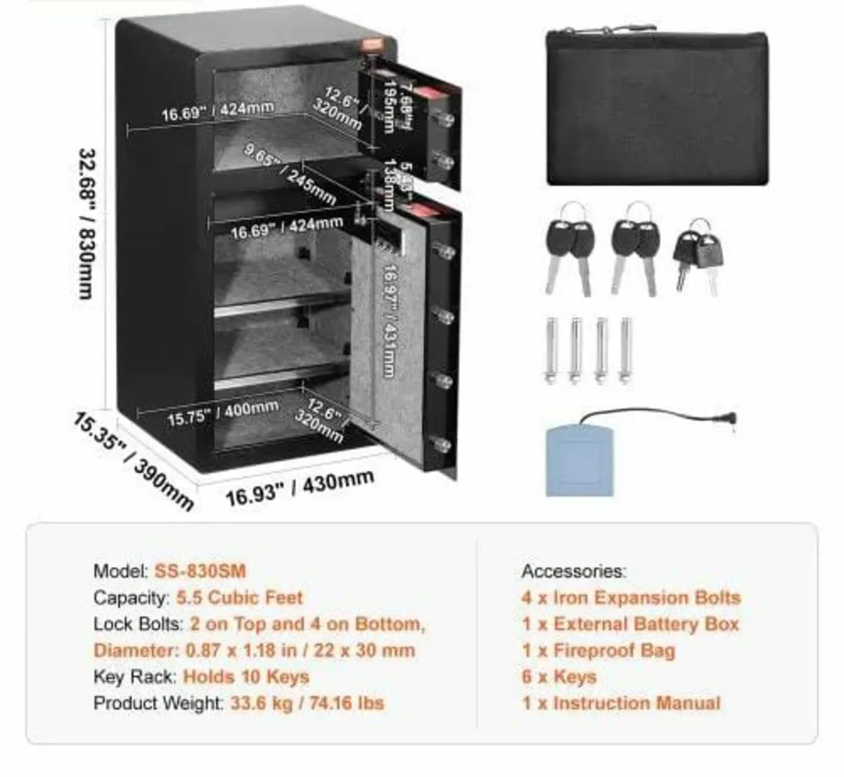 Double Doors 5.5 cu.ft Safe Box with Key Lock & Pa - Image 2