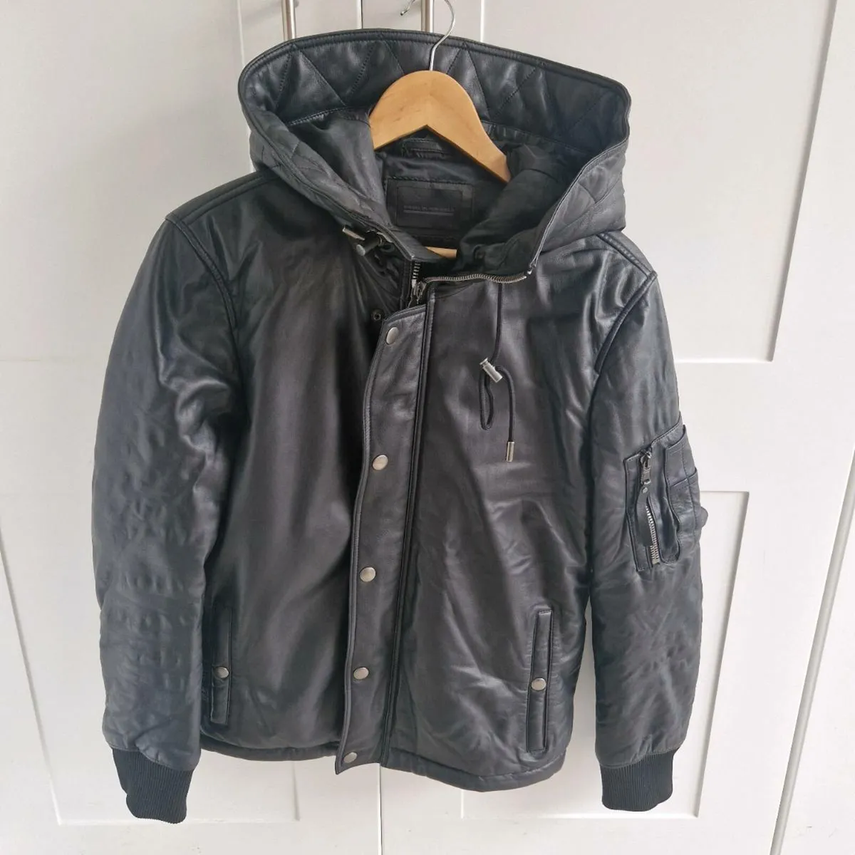 DIESEL Black Hooded Lambskin Leather Jacket - Image 1