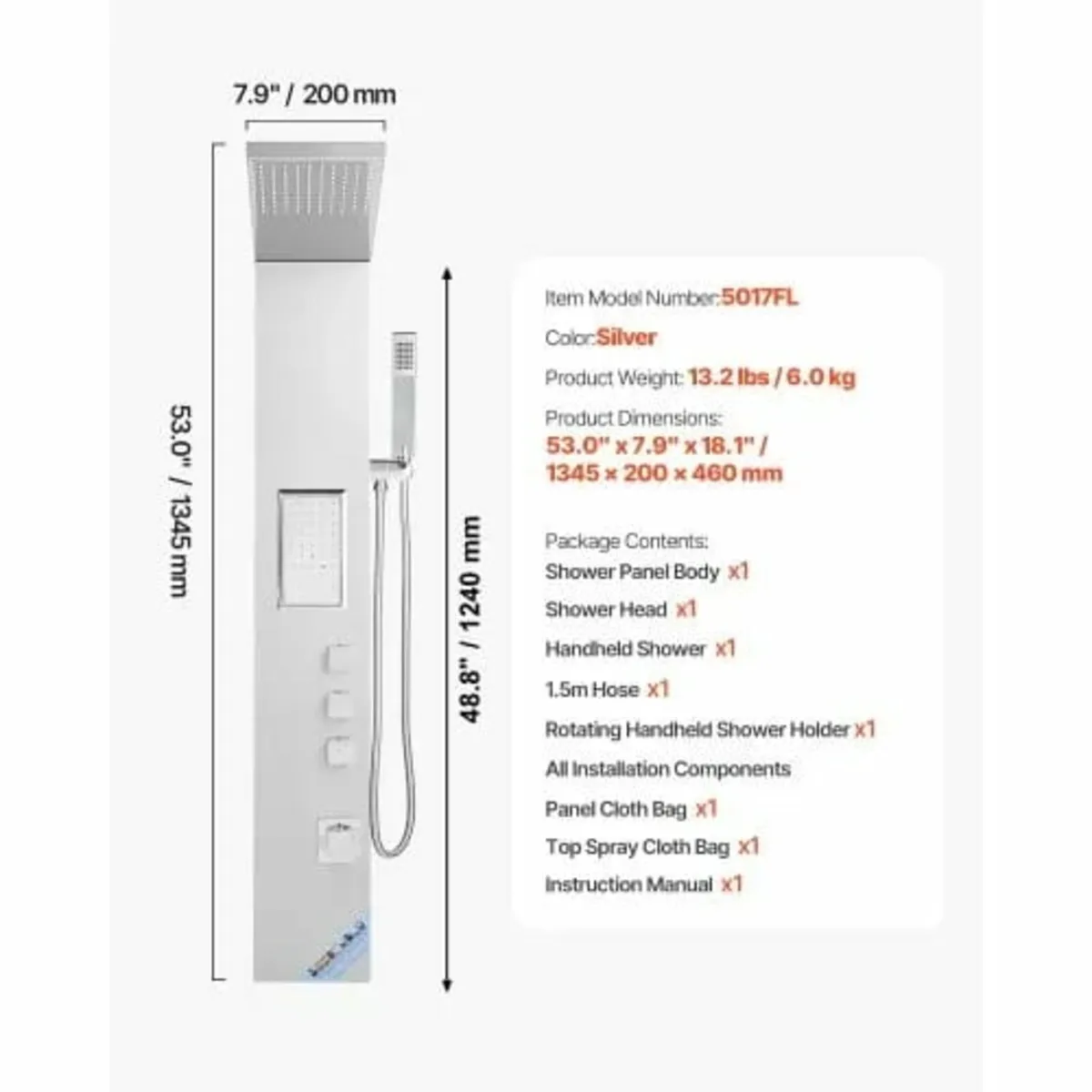 Tower System with Rainfall Shower Head, 53 in Brus - Image 3