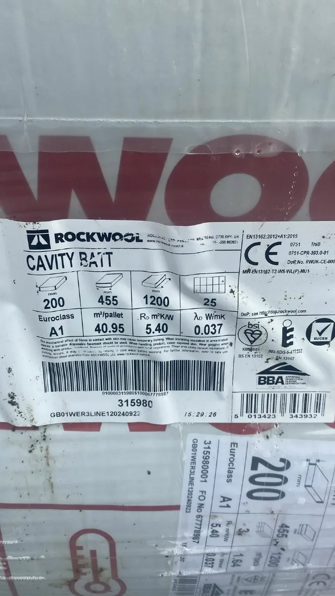 Rockwool Cavity Insulation 1200mm x 455mm x 200mm - Image 1