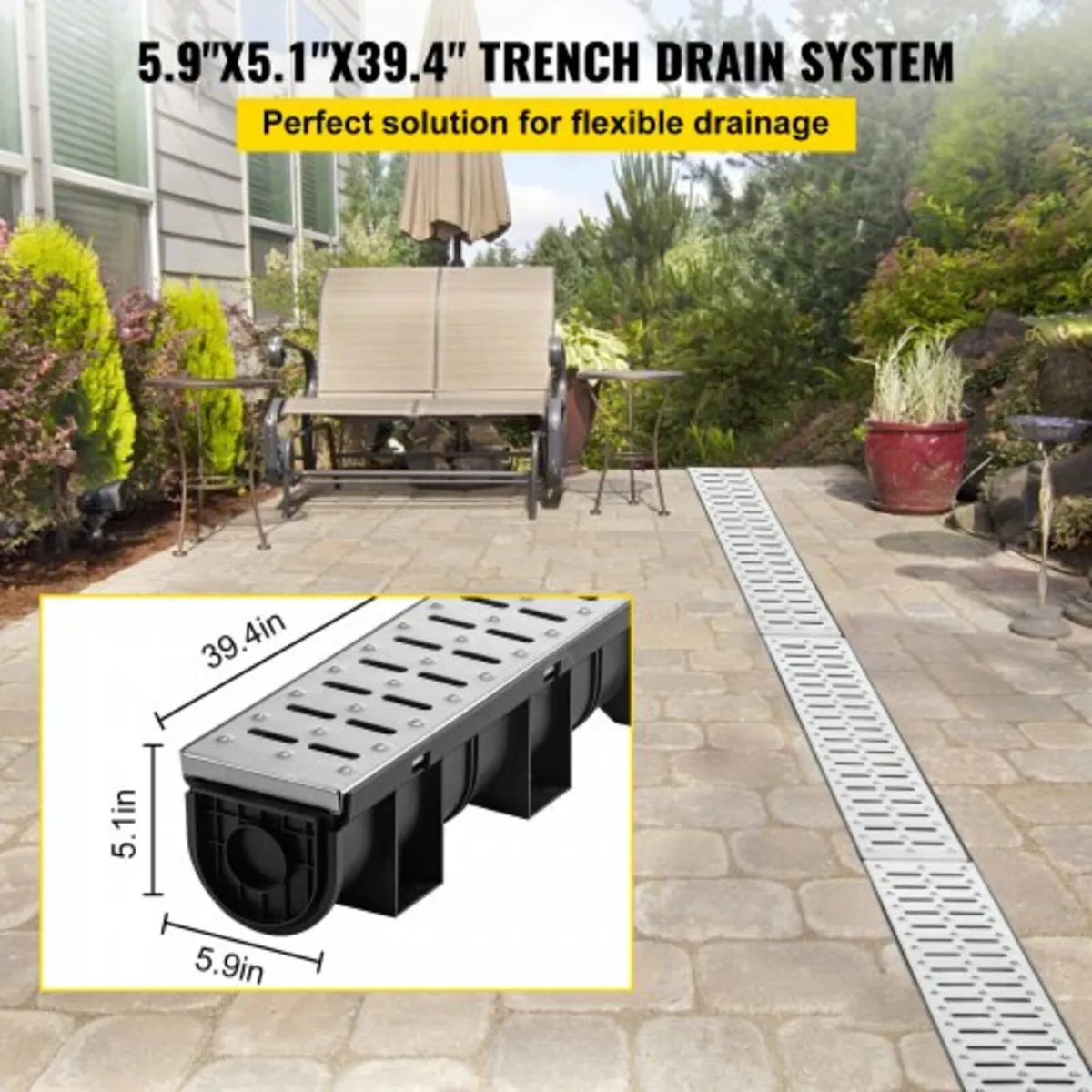 Trench Drain System, Channel Drain with Metal Grat - Image 3