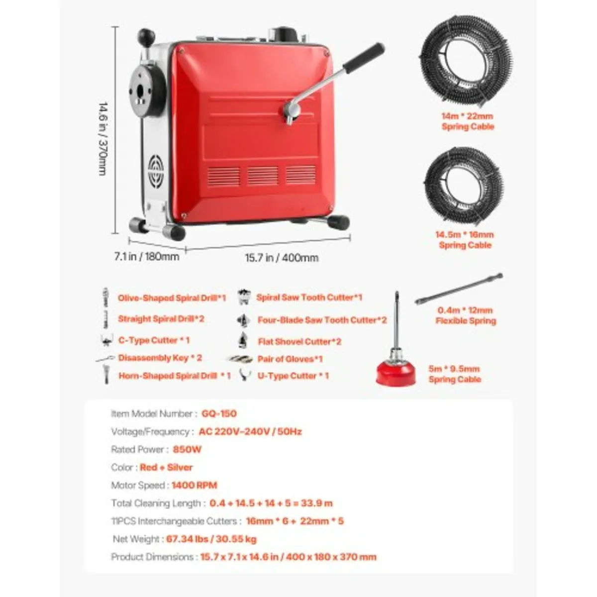 Cleaner Machine, 850W Electric Pipe Drain Cleaning - Image 3