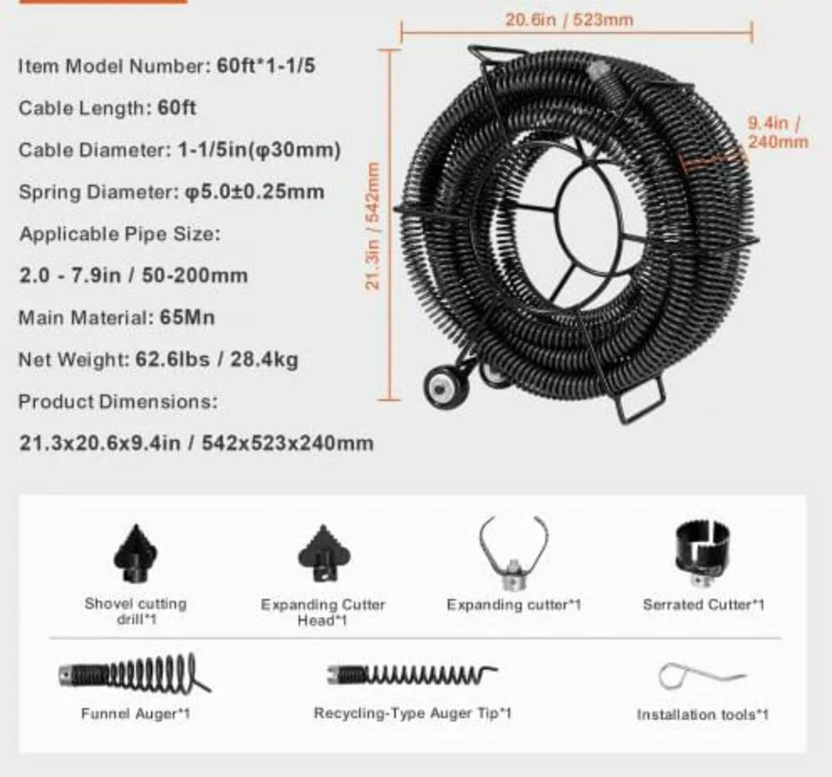 Drain Cleaning Cable 60 FT x 1-1/5 Inch, Professio - Image 2