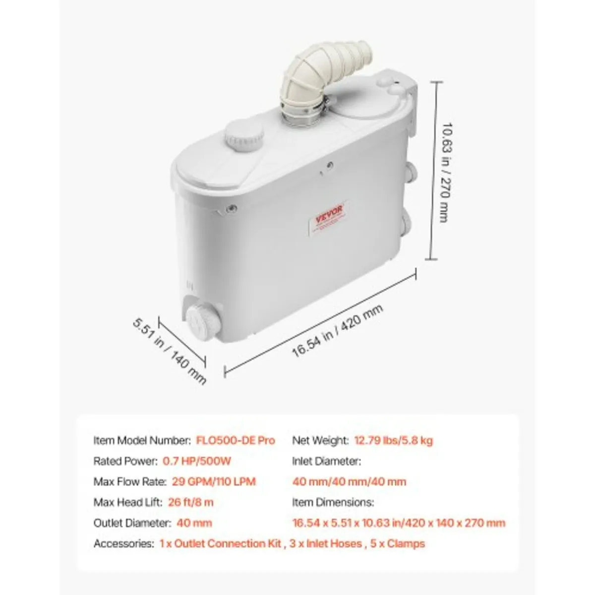 Macerator Pump, 500W, 110 L/min(29 GPM) Flow, 26 f - Image 2