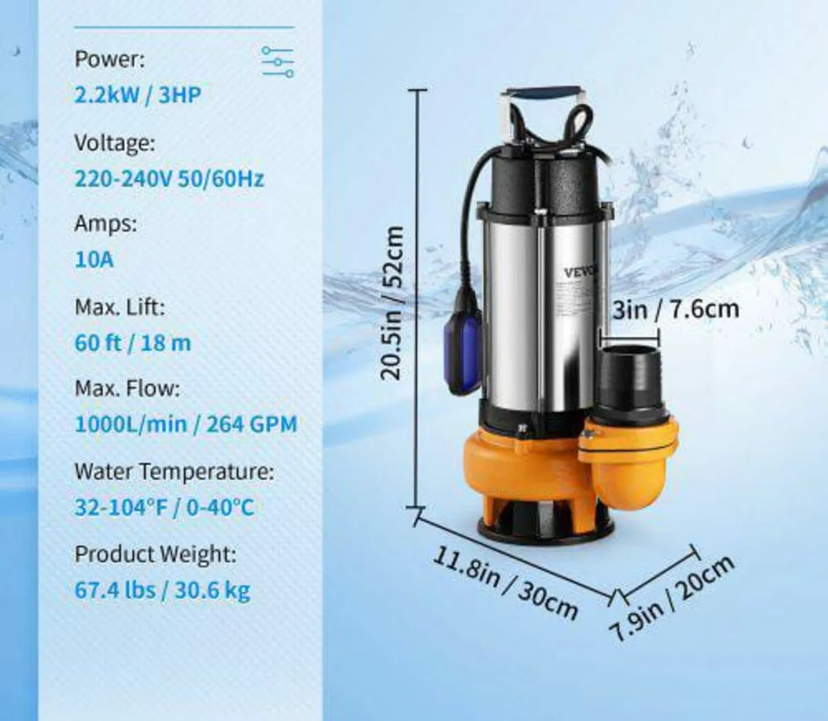 Submersible Water Pump, 2200W 60000L/H, with 10 m - Image 3