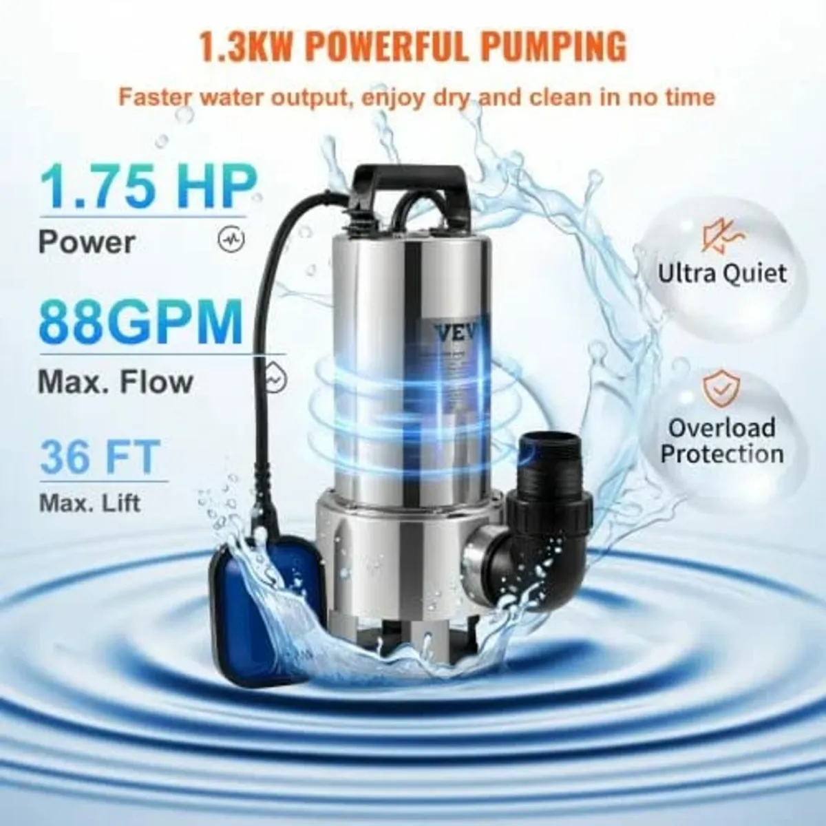 Submersible Water Pump, 1300W 20000L/H, with 10 m - Image 2