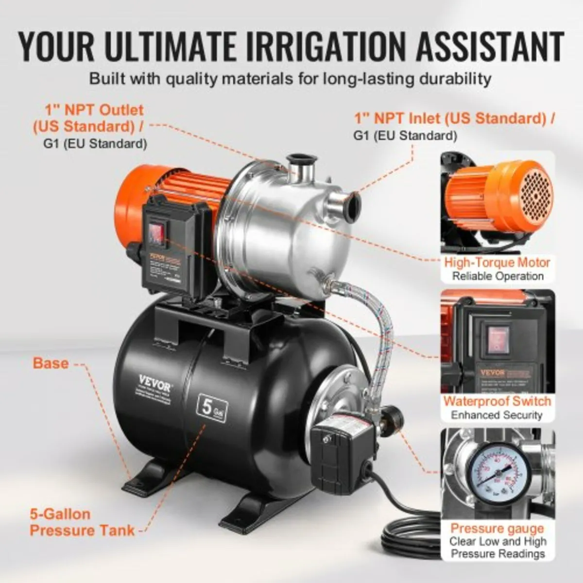 1193W(1.6 HP) Shallow Well Pump with Pressure Tank - Image 3