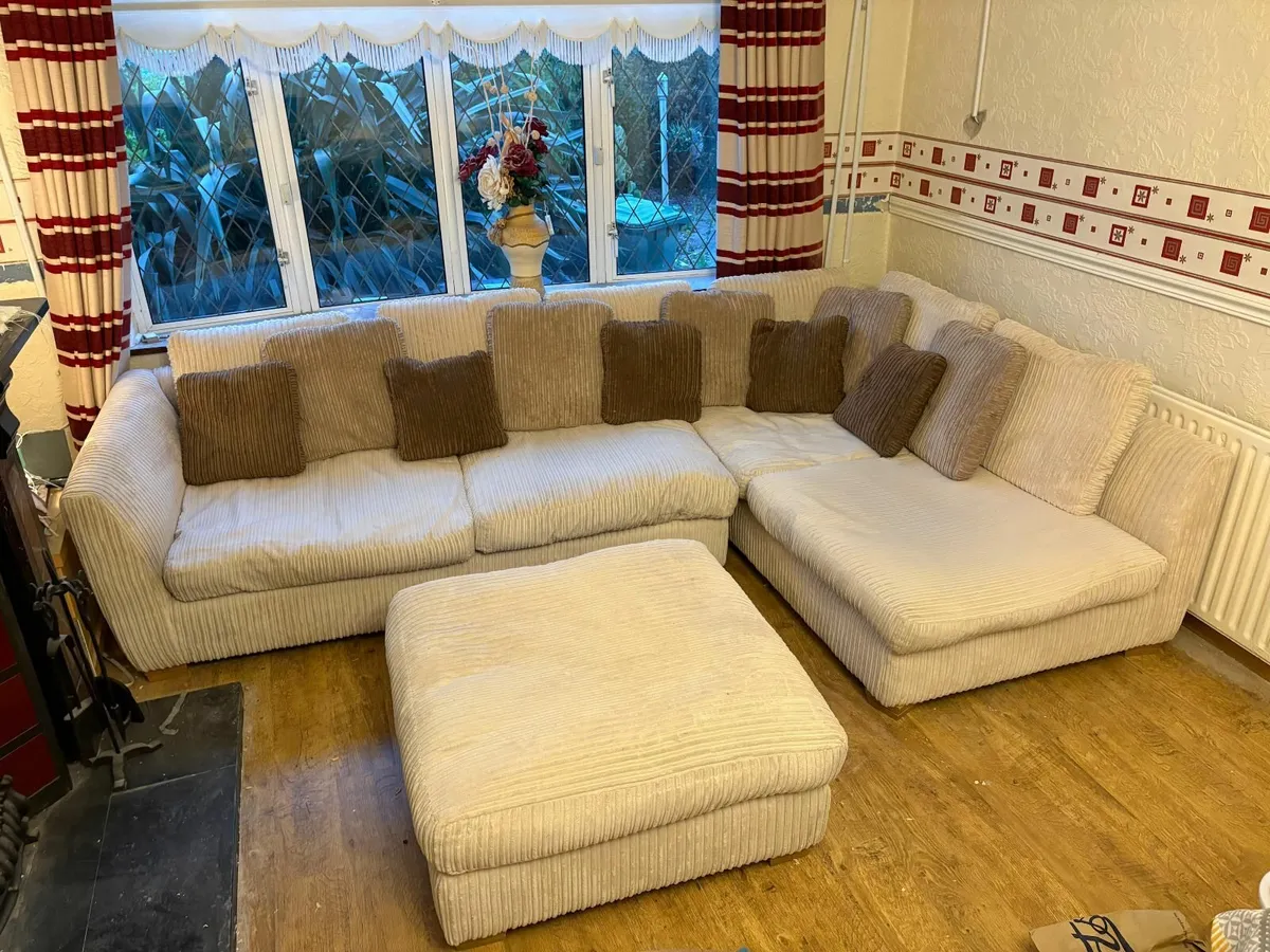 Large beige couch and ottoman with cushions - Image 2