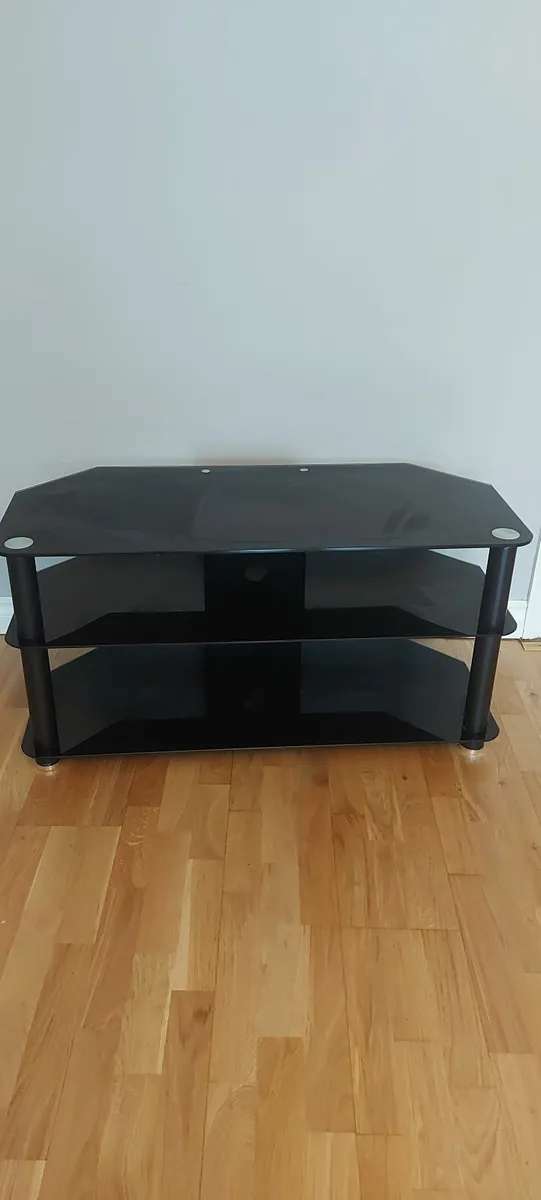 Black tempered glass 3 shelf tv/media stand - Image 1
