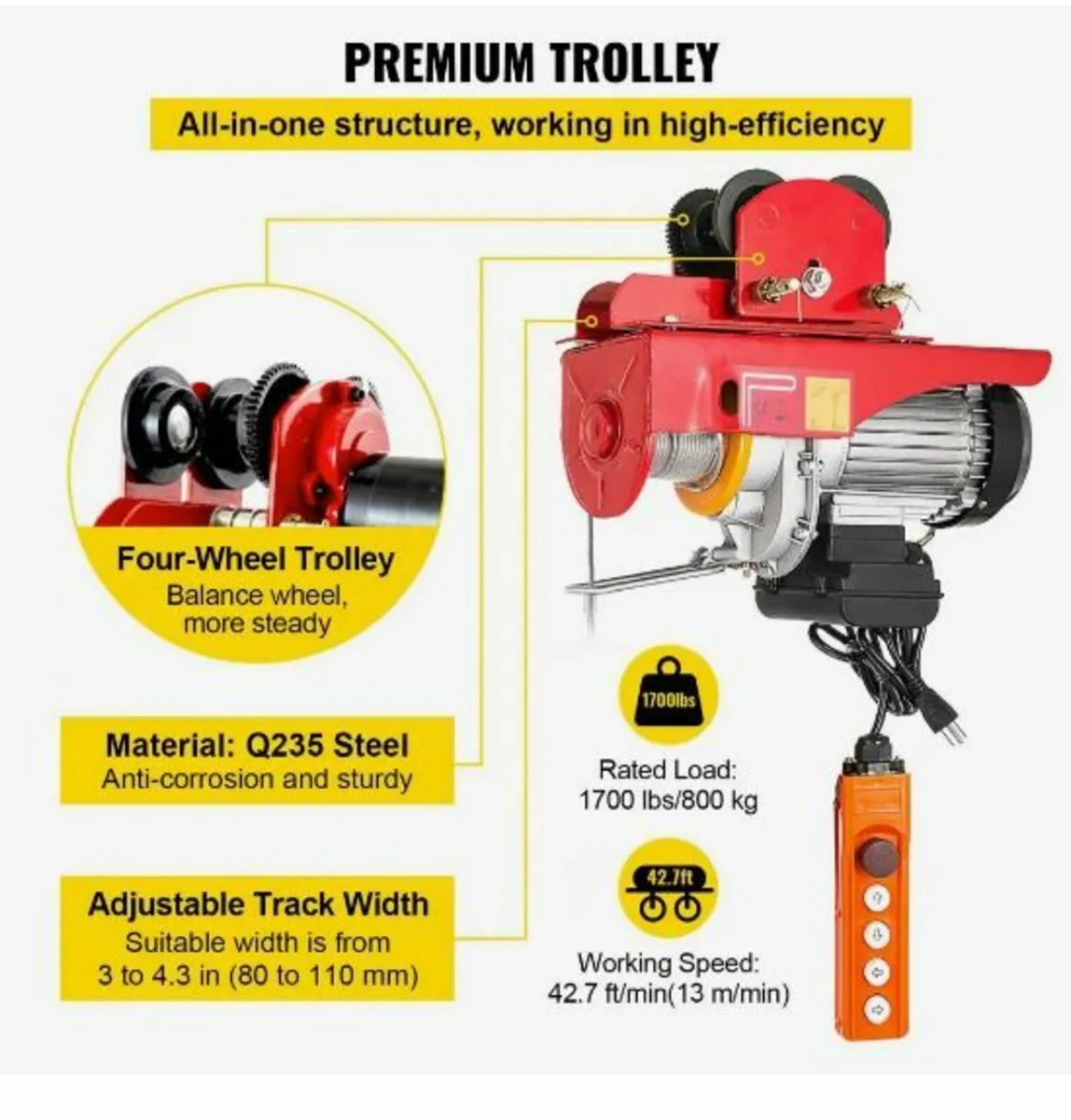 800Kg/1700Lbs Electric Trolley Hoist 1300W - Image 4