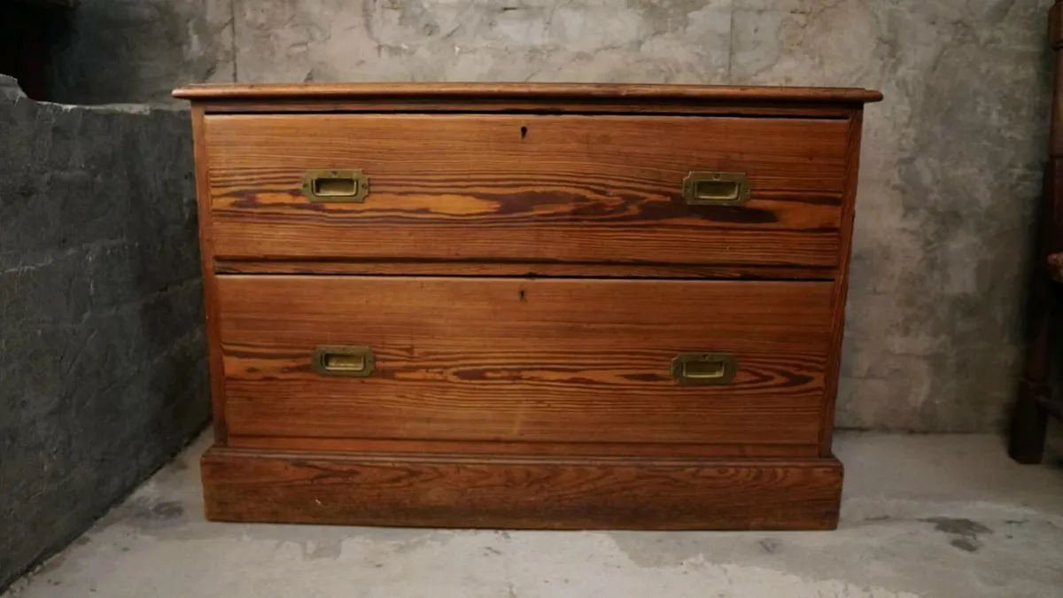 Antique Pitched Pine Campaign Chest Of Drawers - Image 1