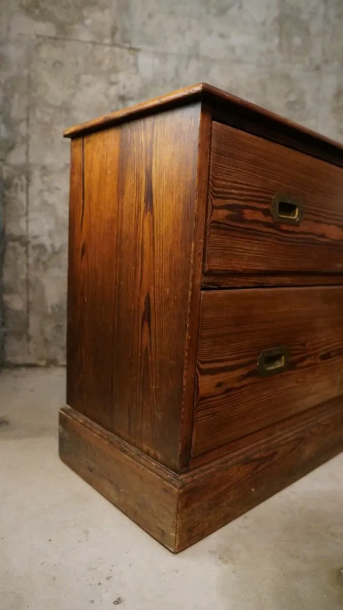 Antique Pitched Pine Campaign Chest Of Drawers - Image 4