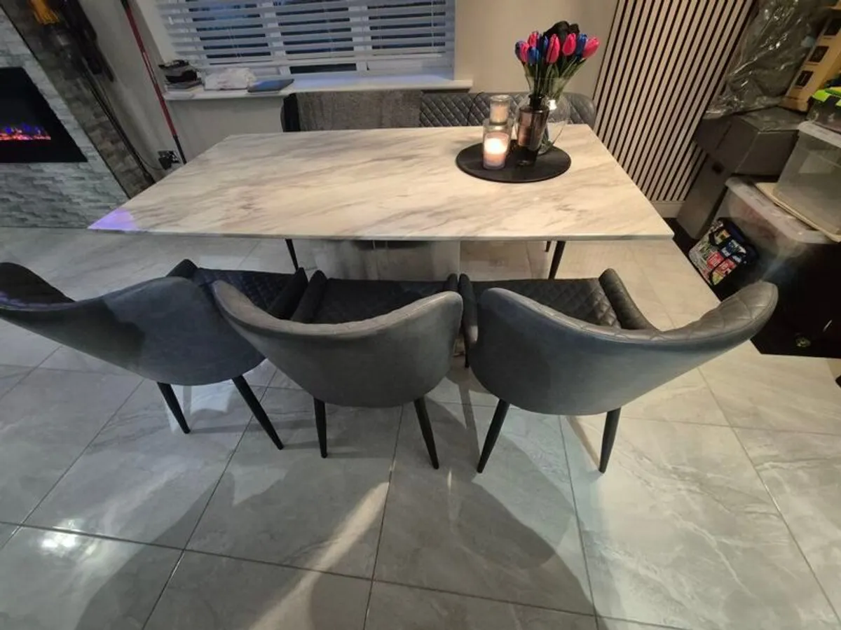 Marble table 160cm 3 chairs and bench - Image 1