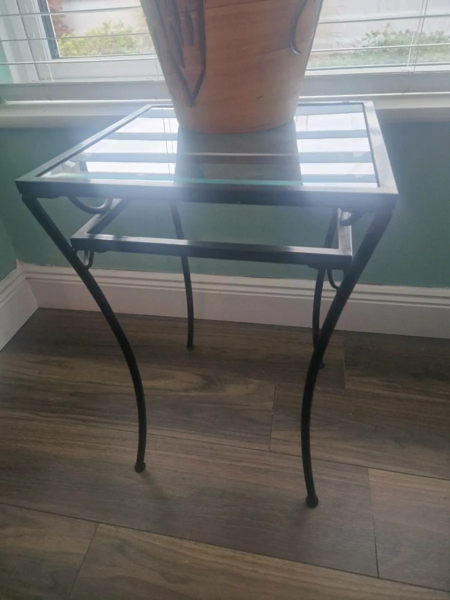 Small glass table and tall glass shelving unit - Image 1