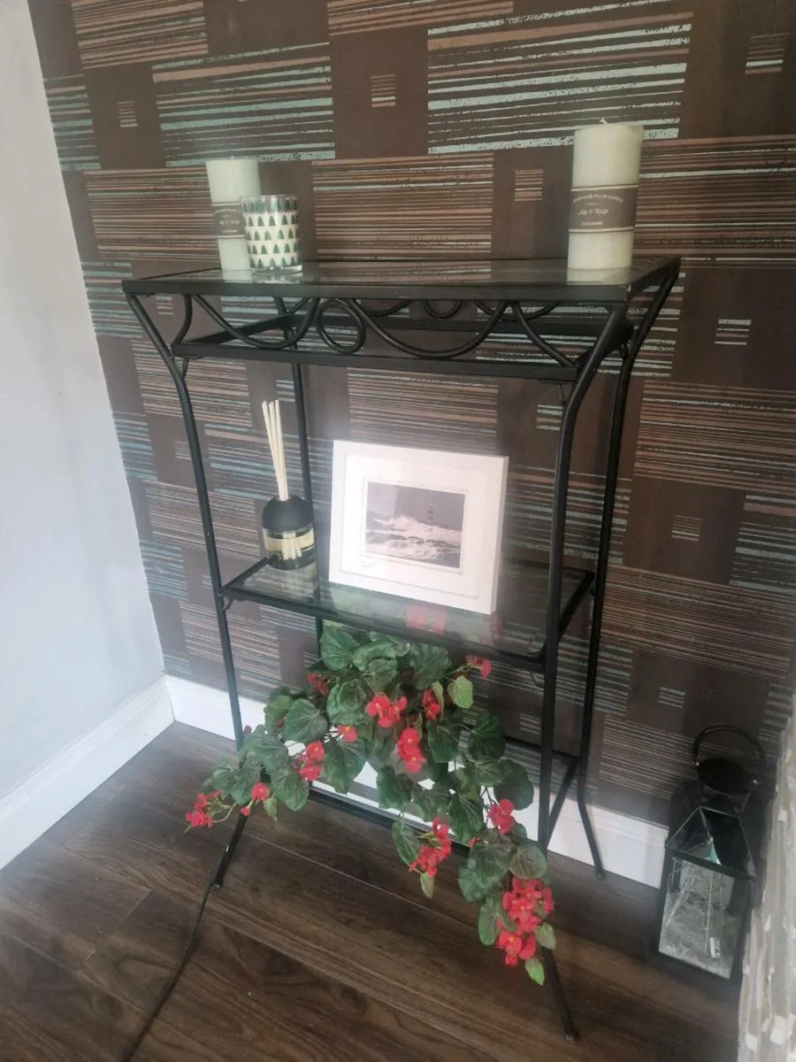 Small glass table and tall glass shelving unit - Image 2
