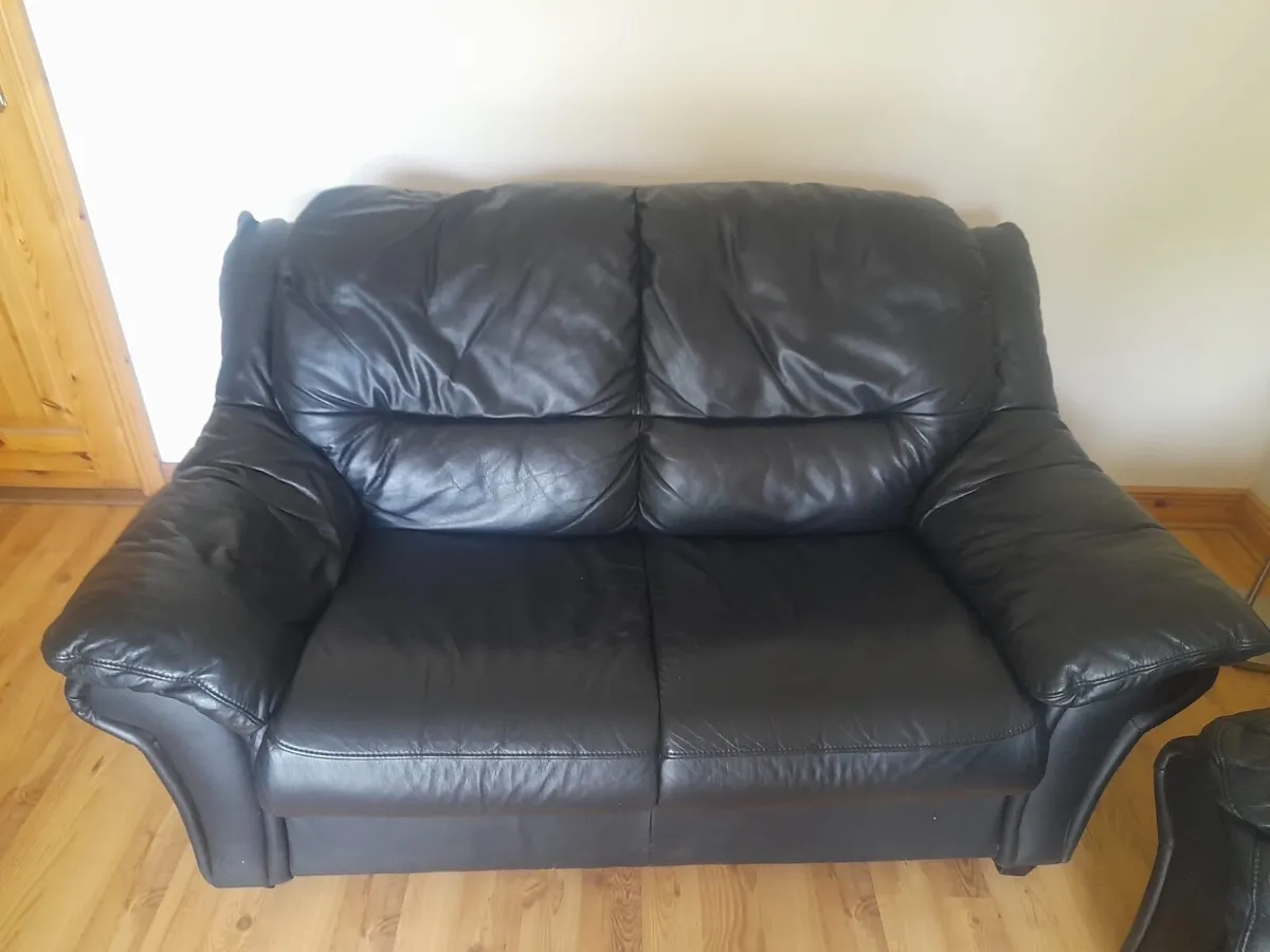 Black Leather Sofa Couch (2 Seater & 3 Seater) - Image 1