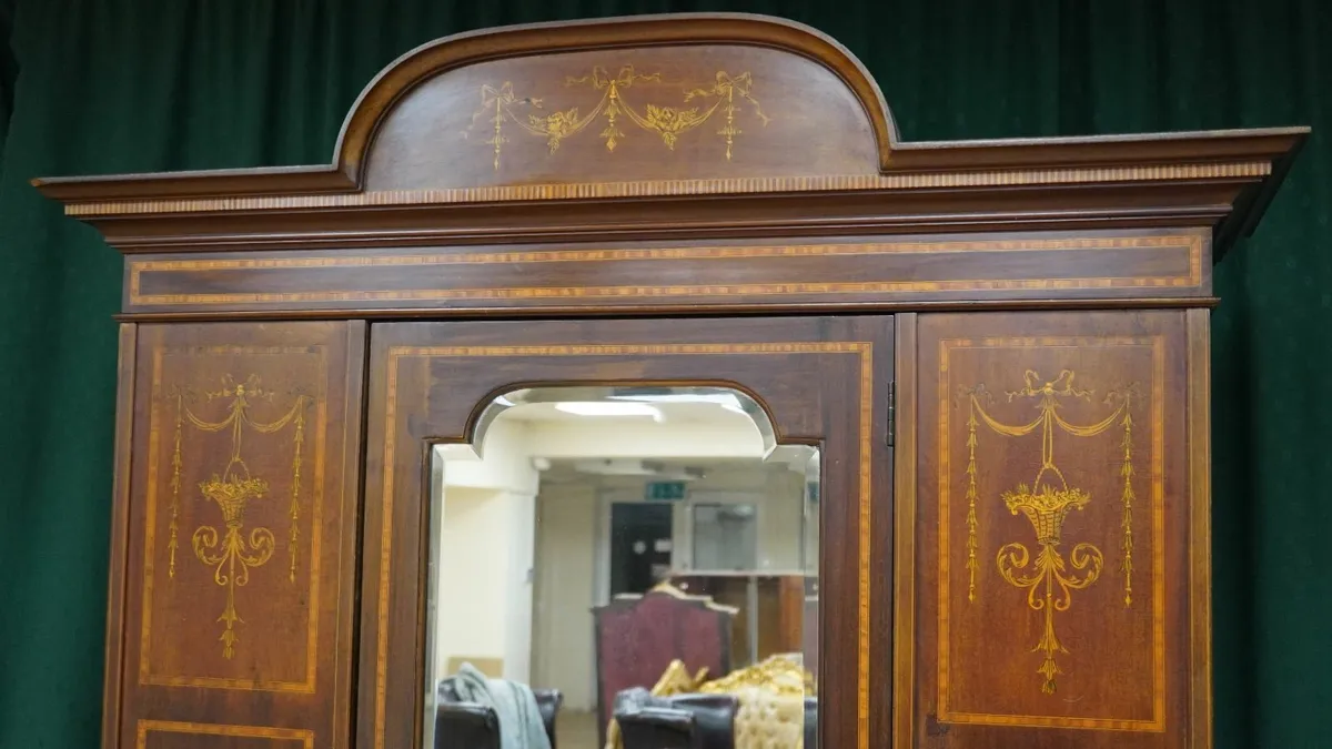 Edwardian Inlaid Mahogany Wardrobe with Mirror - Image 2