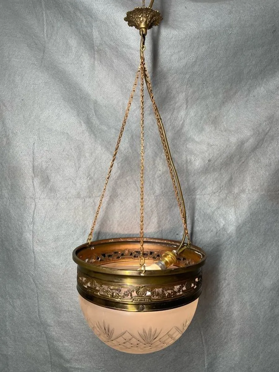 Art Nouveau Brass & Cut Glass Pendant Light - Image 1