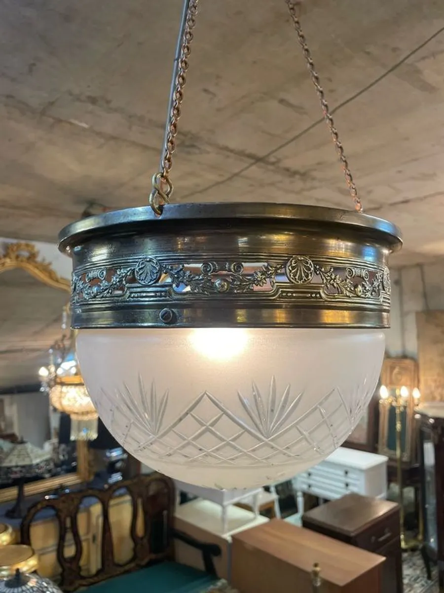 Art Nouveau Brass & Cut Glass Pendant Light - Image 2