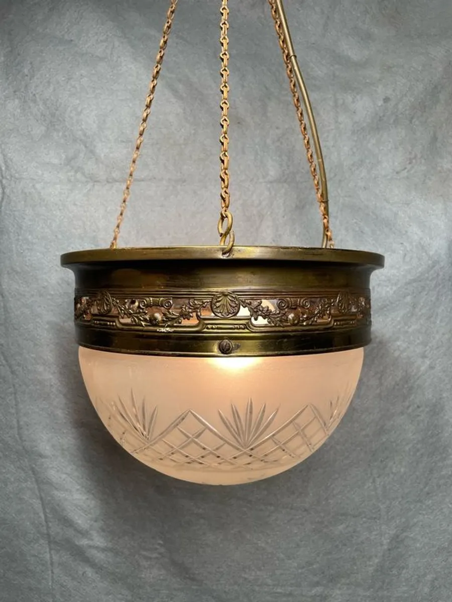 Art Nouveau Brass & Cut Glass Pendant Light - Image 3