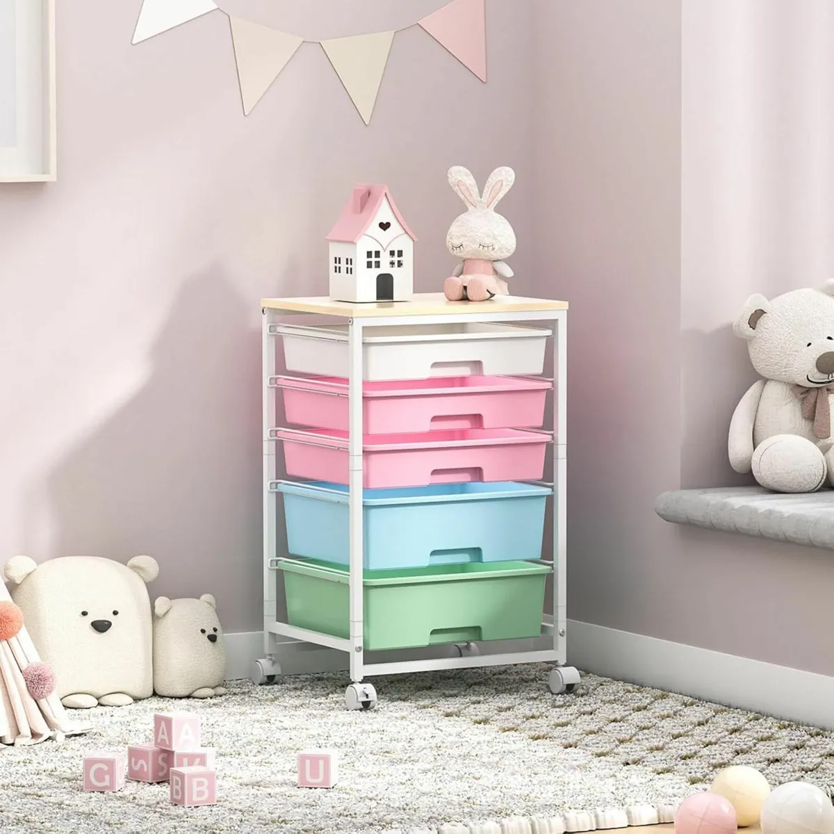 Rolling Storage Cart 5 Drawer Wooden Tabletop - Image 2