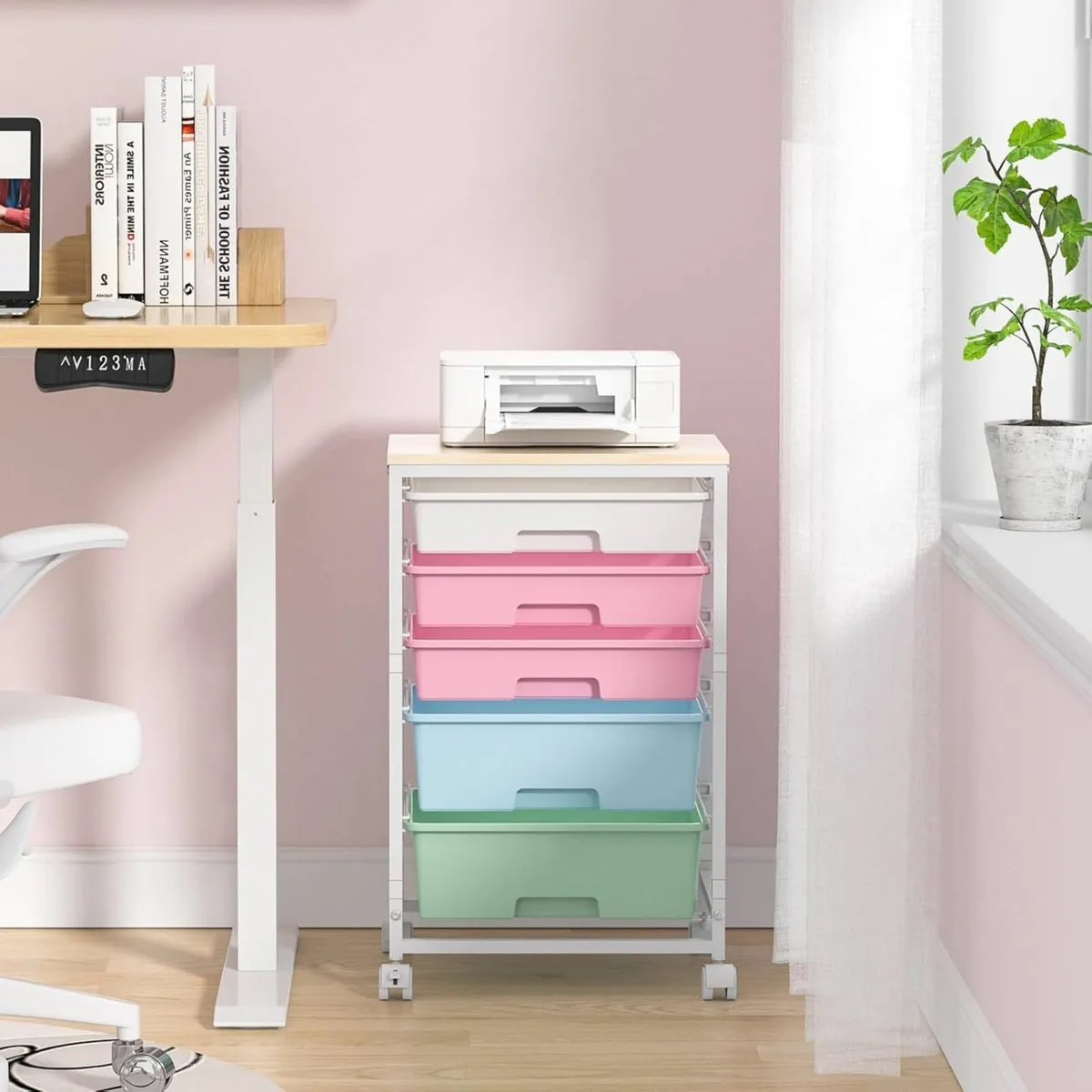Rolling Storage Cart 5 Drawer Wooden Tabletop - Image 4