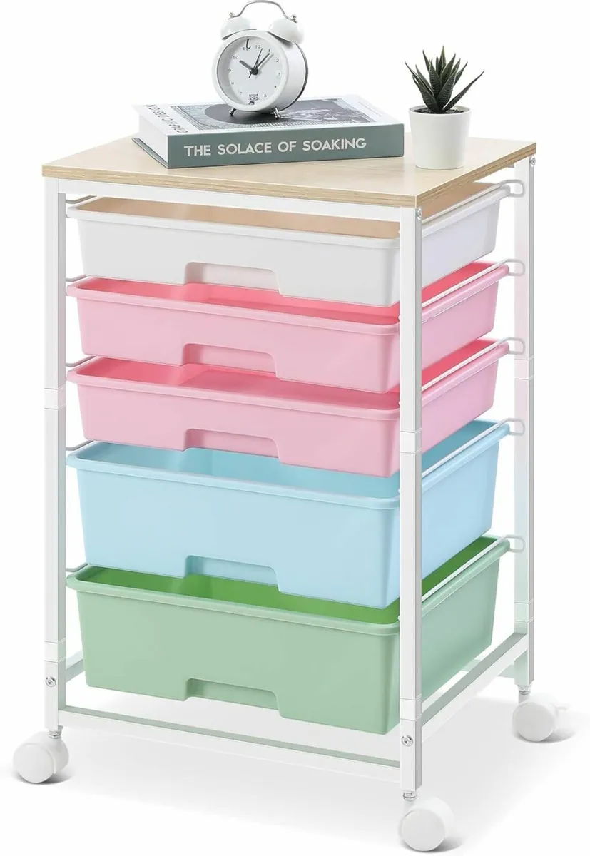 Rolling Storage Cart 5 Drawer Wooden Tabletop - Image 1
