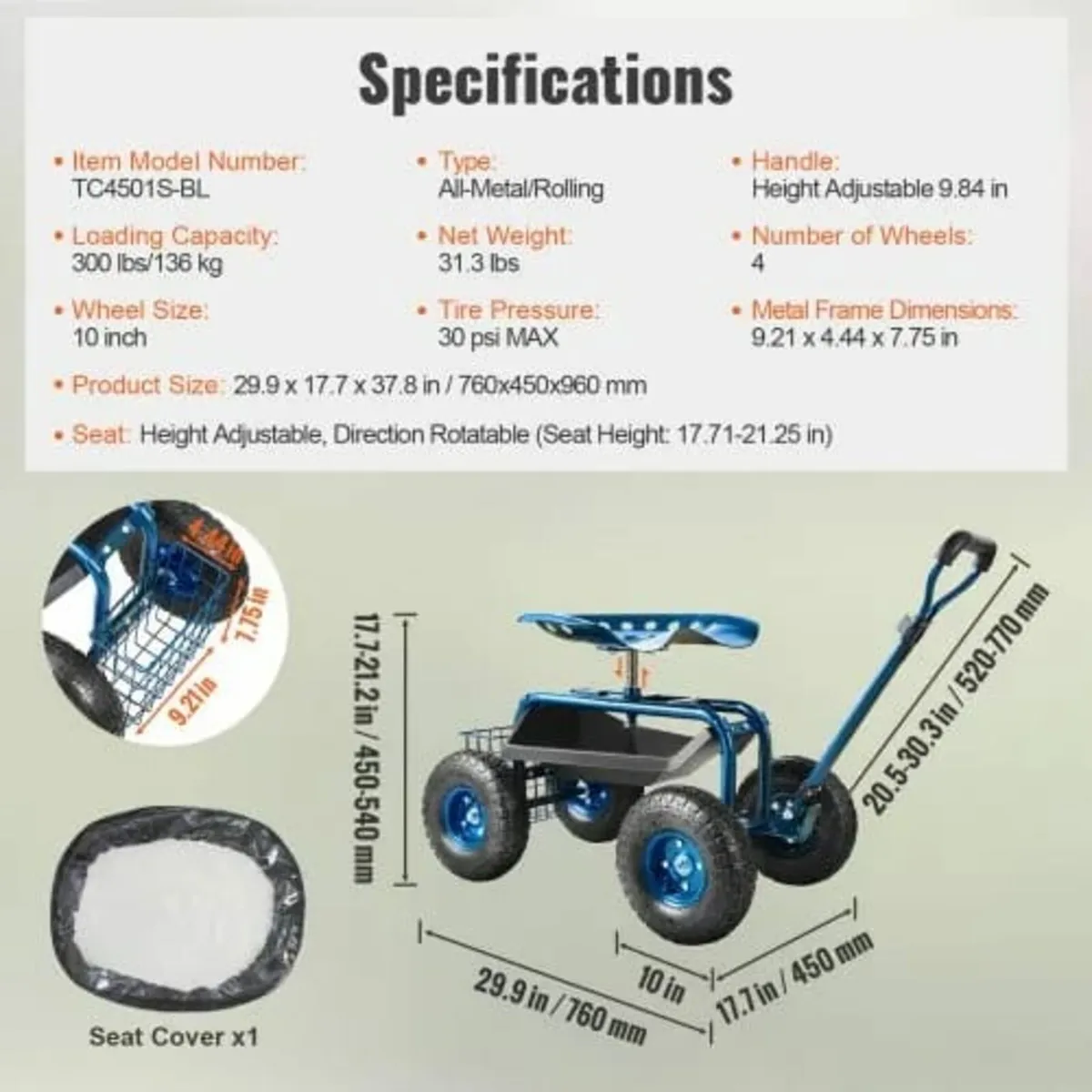 Garden Cart Rolling Workseat with Wheels, Gardenin - Image 3