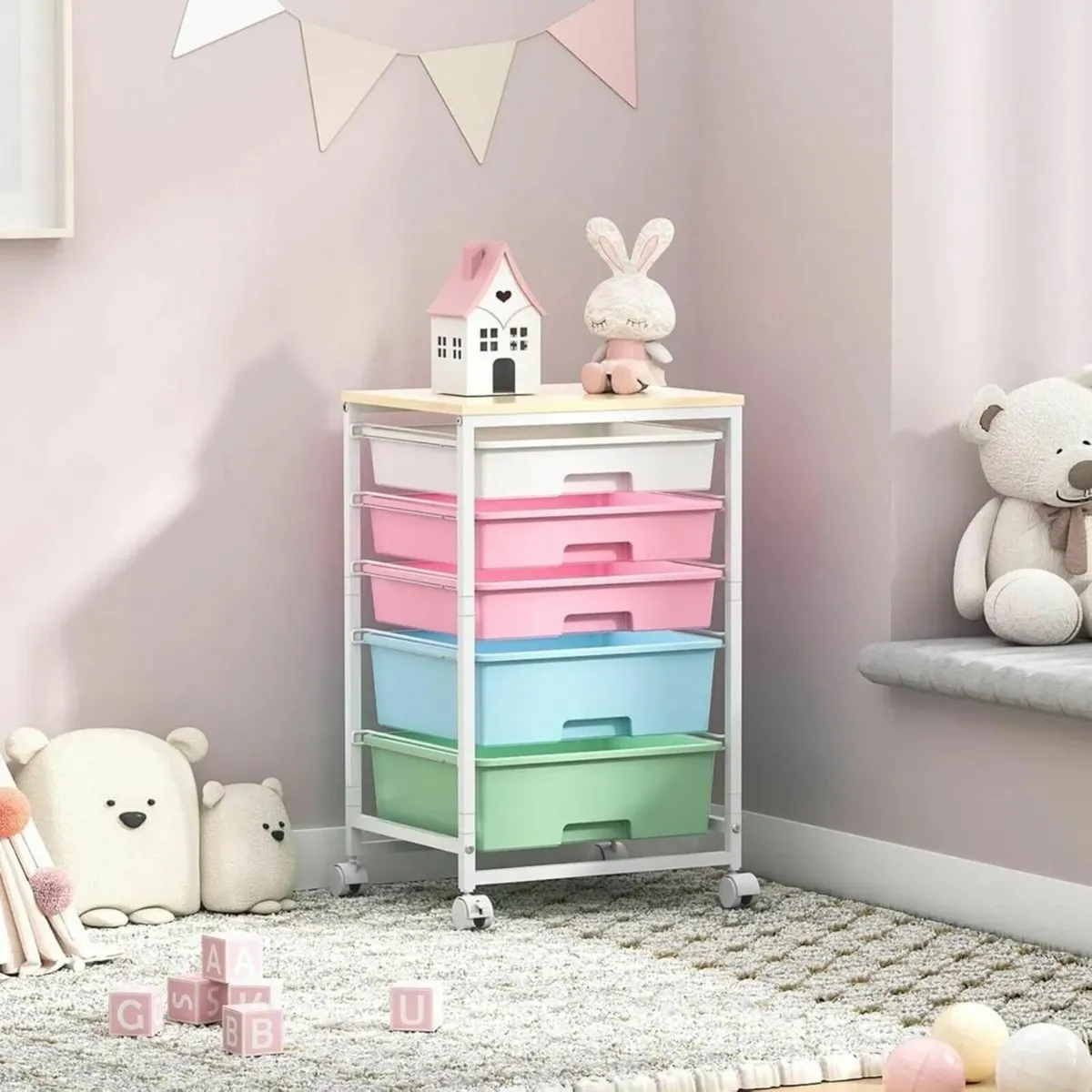 Rolling Storage Cart 5 Drawer with Wooden Top - Image 3