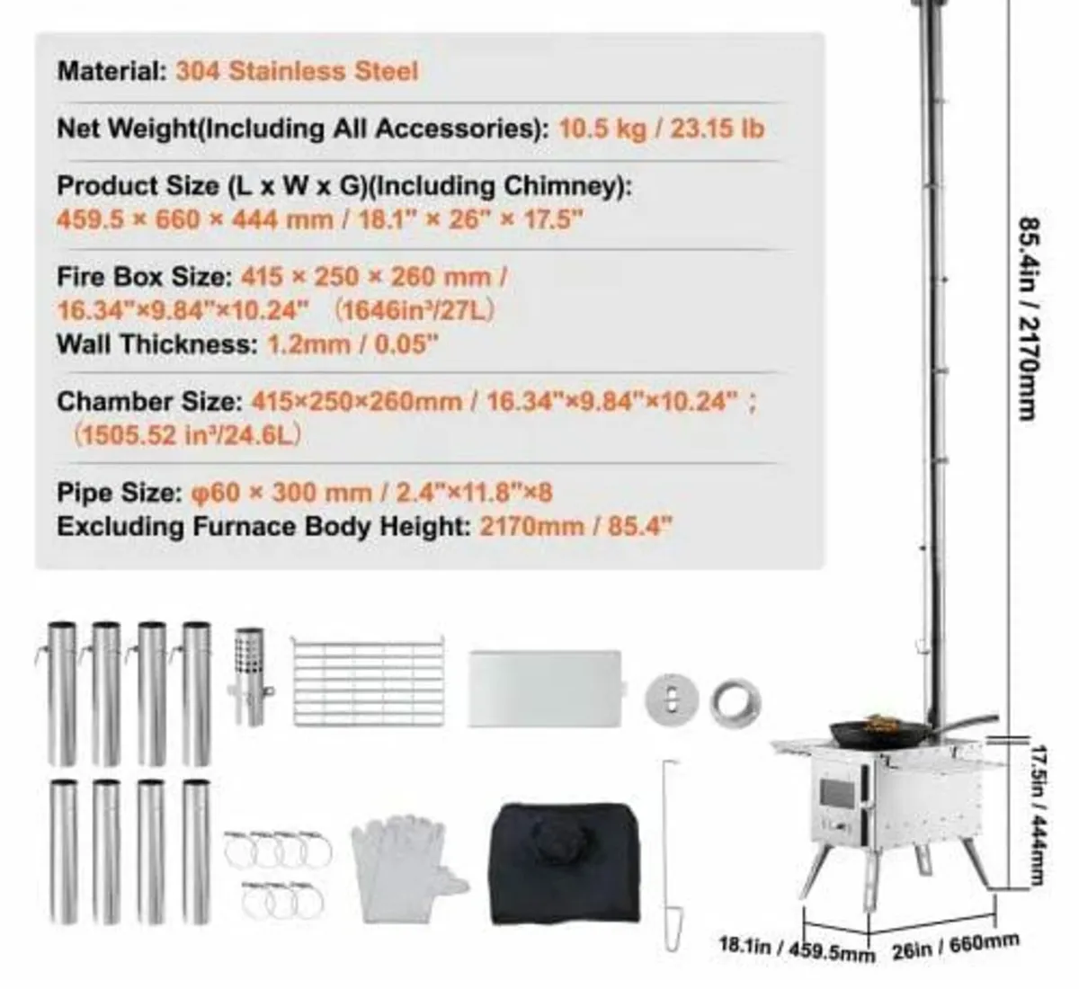 Wood Stove, 218.44 cm, Stainless Steel Camping Ten - Image 4