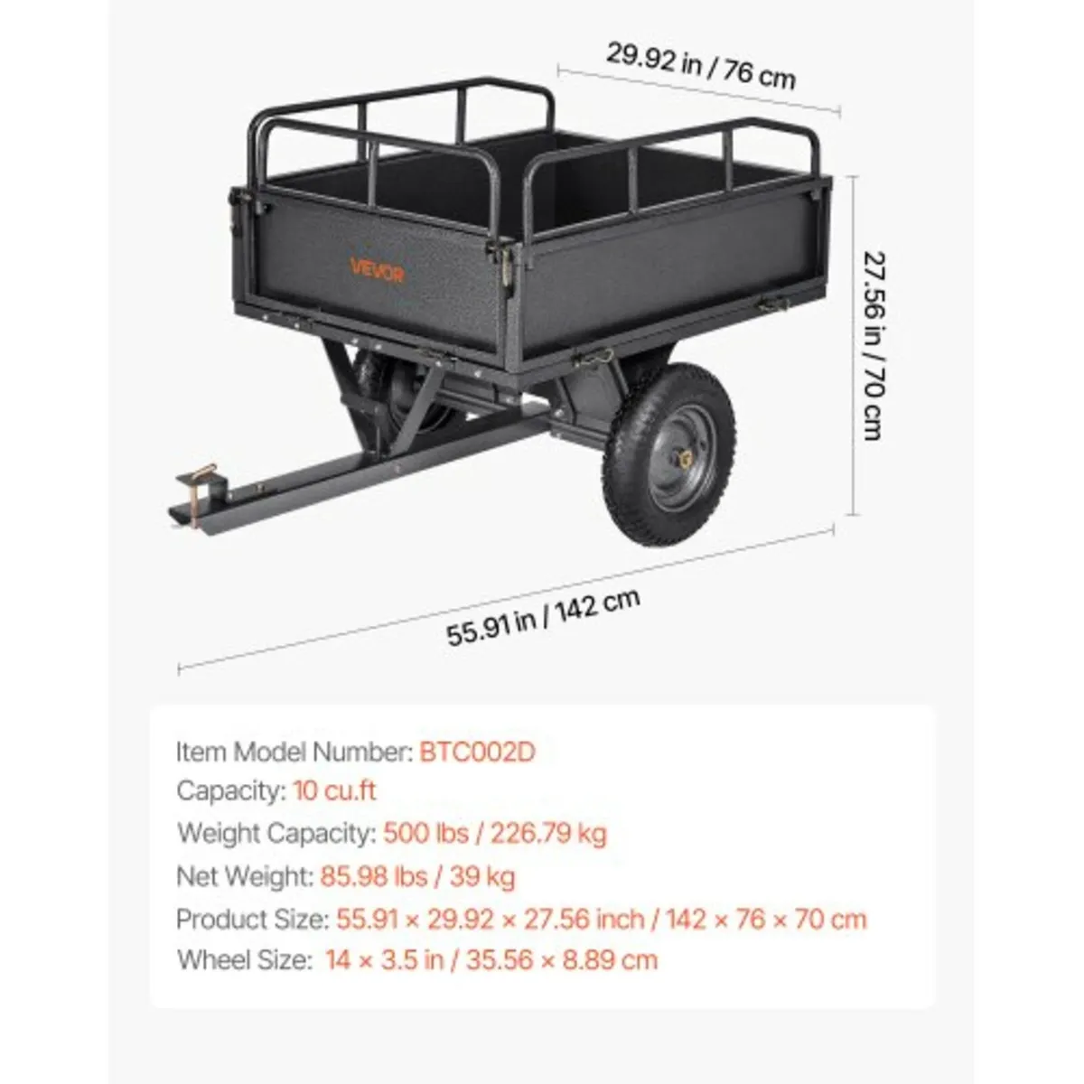 Steel Dump Cart 10 Cu. Ft 500LB for ATV/UTV Traile - Image 2
