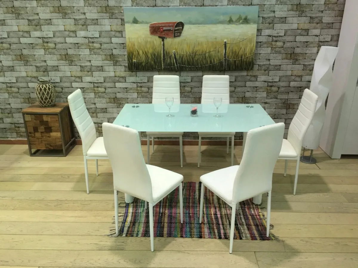Modern Glass Dining Table Set Seats 6. White - Image 3