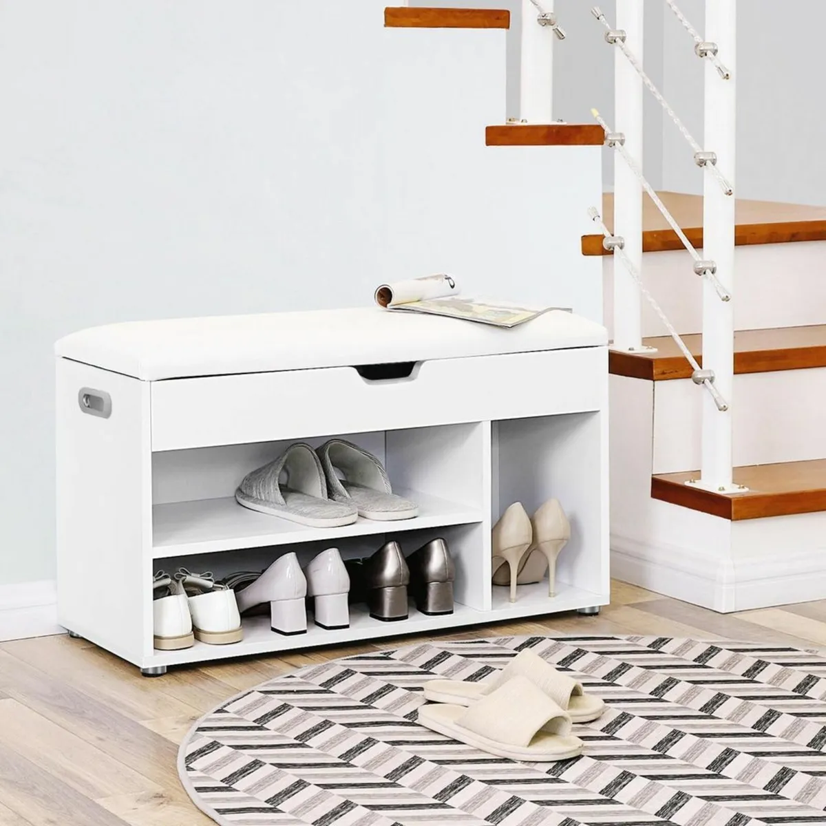 Padded shoe bench 3 compartments white shoe bench - Image 2