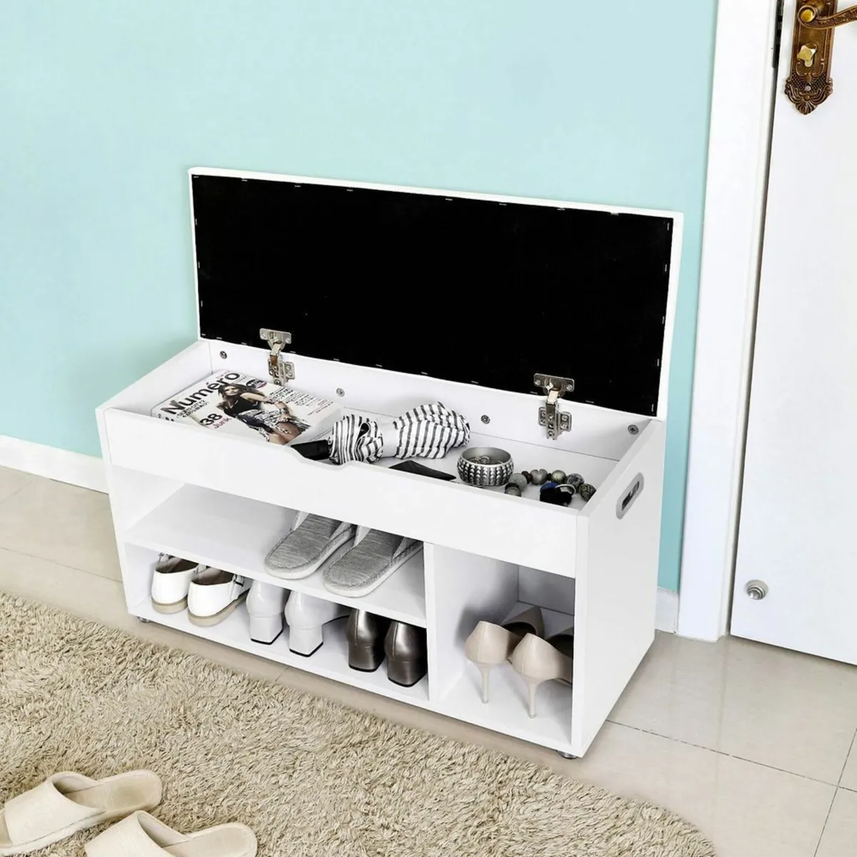White Padded Shoe Bench with Storage – 3 Compartme - Image 4